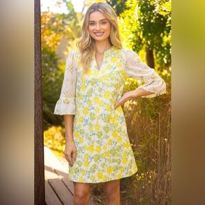 Women’s VOY yellow/green Floral jacquard contrast sheer sleeve dress-Size small